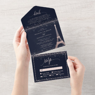 Paris Eiffel Tower Rose Gold Sparkle Wedding All I In One Einladung
