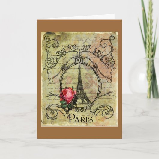 Paris Eiffel Tower & Rote Rose Steampunk Karte (Vorderseite)