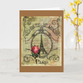 Paris Eiffel Tower & Rote Rose Steampunk Karte (Gelbe Blume)
