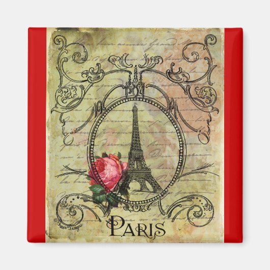 Paris Eiffel Tower & Rote Rose Steampunk Magnet (Vorne)
