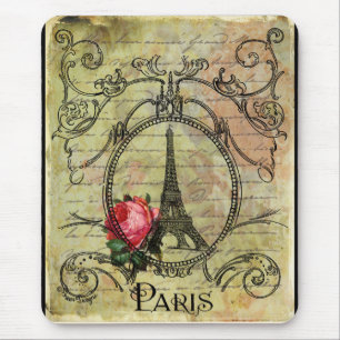 Paris Eiffel Tower & Rote Rose Steampunk Mousepad