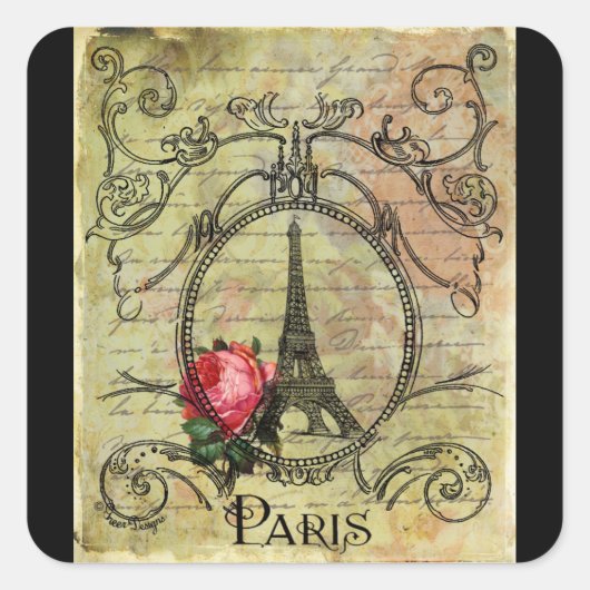 Paris Eiffel Tower & Rote Rose Steampunk Quadratischer Aufkleber (Vorderseite)