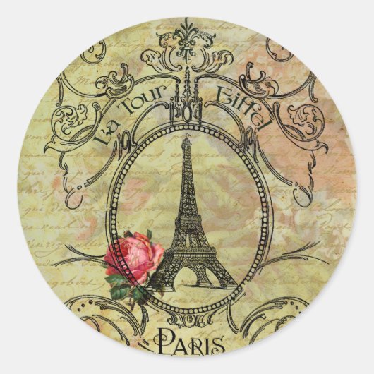 Paris Eiffel Tower & Rote Rose Steampunk Runder Aufkleber (Vorderseite)