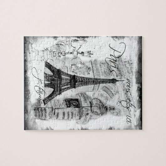 Paris Eiffel Tower Scene Collage Black & White Puzzle (Horizontal)