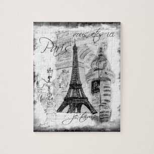 Paris Eiffel Tower Scene Collage Black & White Puzzle