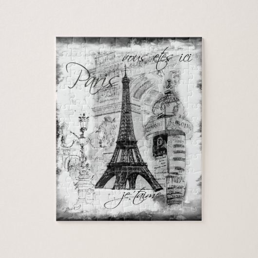 Paris Eiffel Tower Scene Collage Black & White Puzzle (Vertikal)