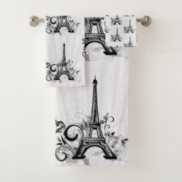 Paris Eiffel Tower Schwarz-weiß Elegant Geblüht Badhandtuch Set