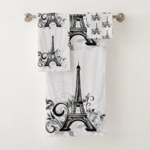 Paris Eiffel Tower Schwarz-weiß Elegant Geblüht Badhandtuch Set