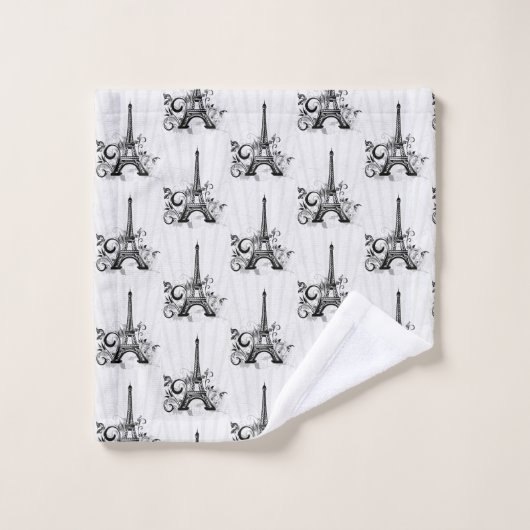 Paris Eiffel Tower Schwarz-weiß Elegant Geblüht Badhandtuch Set (Waschlappen)