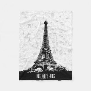 Paris Eiffel Tower Schwarz-weißer Vintager Kartenn Fleecedecke