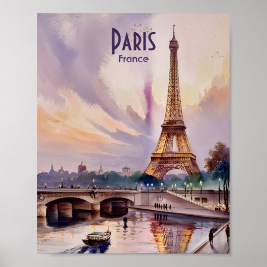 Paris Eiffel Tower Seine River Sunset Watercolor Poster (Vorne)