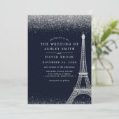 Paris Eiffel Tower Silver Confetti Navy Hochzeit Einladung (Stehend Vorderseite)
