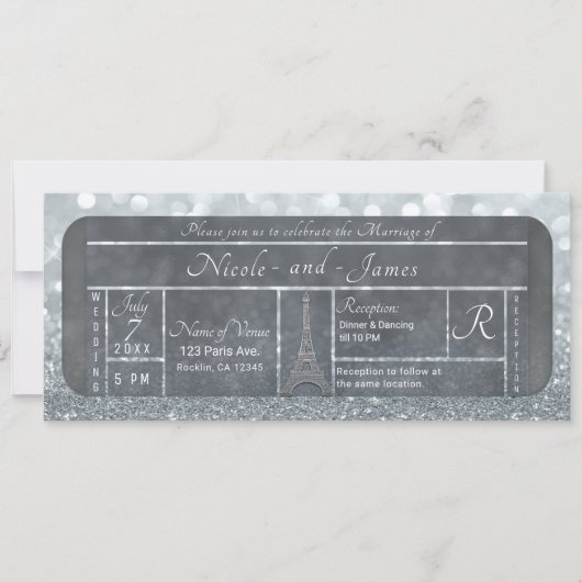 Paris Eiffel Tower Silver Glitzer Ticket Wedding Einladung (Vorderseite)