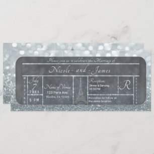 Paris Eiffel Tower Silver Glitzer Ticket Wedding Einladung