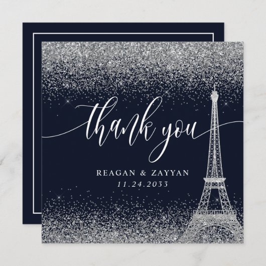 Paris Eiffel Tower Silver Navy Hochzeit Dankeskarte (Vorne/Hinten)