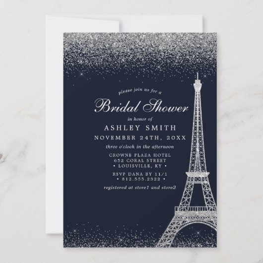 Paris Eiffel Tower Silver Sparkle Brautparty Einladung (Vorderseite)