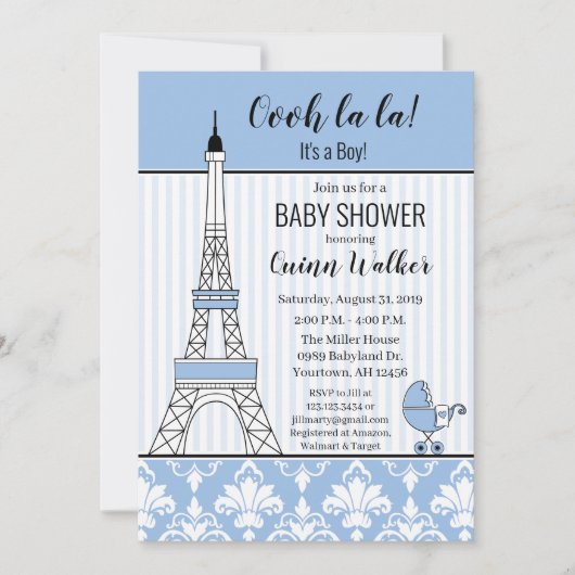 Paris Eiffel Tower Theme Baby Dusche Blue Junge Einladung (Vorderseite)