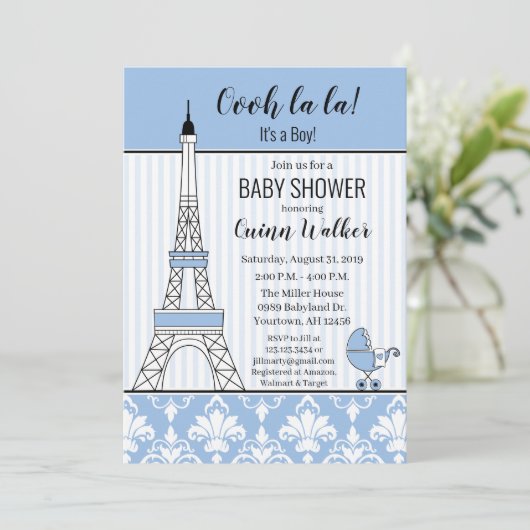 Paris Eiffel Tower Theme Baby Dusche Blue Junge Einladung (Stehend Vorderseite)
