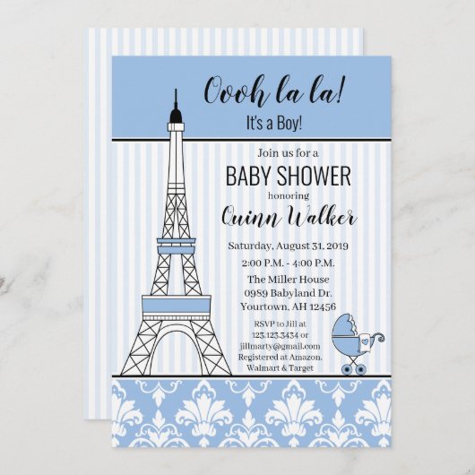 Paris Eiffel Tower Theme Baby Dusche Blue Junge Einladung (Vorne/Hinten)