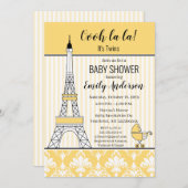 Paris Eiffel Tower Theme Kinderdusche Gelb Einladung (Vorne/Hinten)