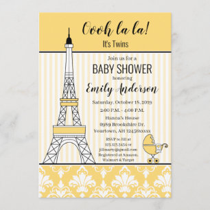 Paris Eiffel Tower Theme Kinderdusche Gelb Einladung