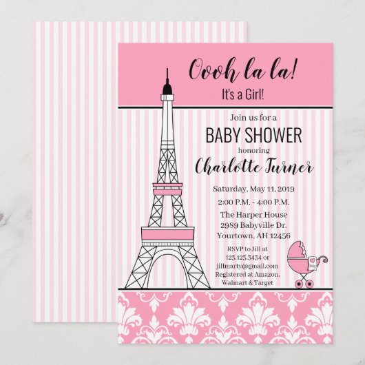 Paris Eiffel Tower Theme Kinderdusche pink Einladung (Vorne/Hinten)