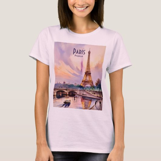 Paris Eiffel Tower Travel Watercolor Custom Text T-Shirt (Vorderseite)