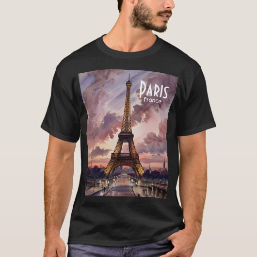 Paris Eiffel Tower Twilight Watercolor Custom Text T-Shirt (Vorderseite)