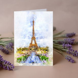 Paris Eiffel Tower Watercolor - Sunset #02 Dankeskarte