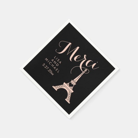 Paris Eiffel Tower Wedding Black and Pink Merci Serviette (Ecke)