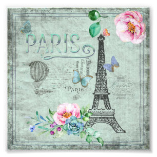 Paris-Eiffel Turm-Blume-Blumen--Vintag-Rosen Fotodruck