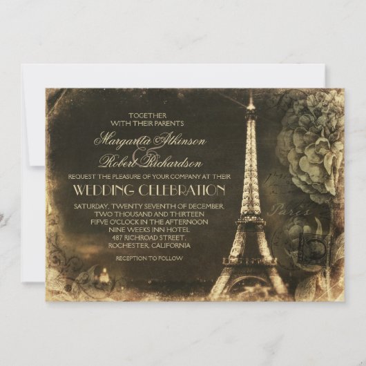 Paris Eiffel Turm Vintage Hochzeit Einladungen (Vorderseite)