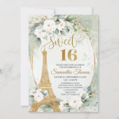 Paris Eiffel Turm weiße Rosen Grün Gold Oval Einladung (Vorderseite)
