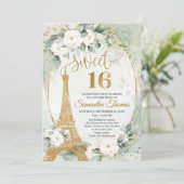 Paris Eiffel Turm weiße Rosen Grün Gold Oval Einladung (Stehend Vorderseite)