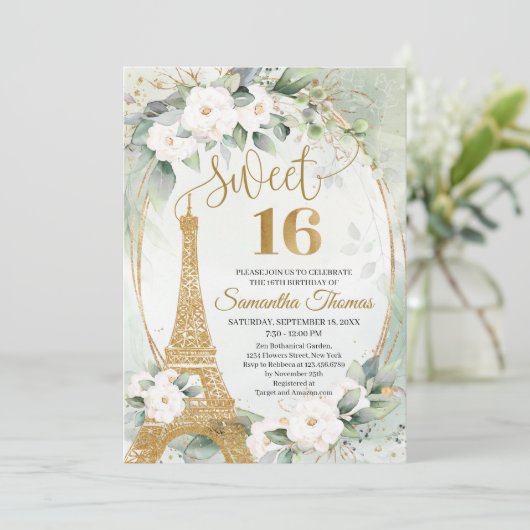 Paris Eiffel Turm weiße Rosen Grün Gold Oval Einladung (Stehend Vorderseite)