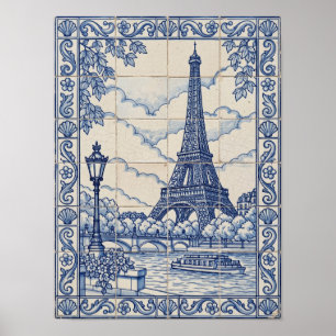 Paris Eiffelturm Blau Portugiesische Azulejo-Kunst Poster