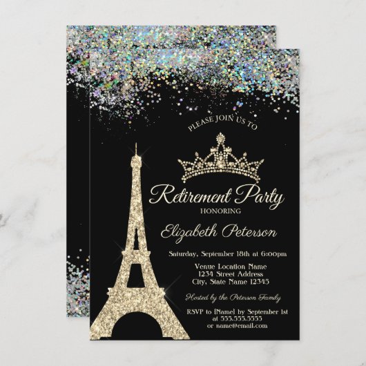 Paris-Eiffelturm, farbenfrohe Konfetti-Retirement Einladung (Vorne/Hinten)