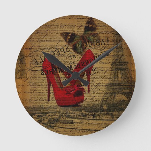 Paris-Eiffelturm Fashionista-Rot-Stilette Runde Wanduhr (Vorderseite)