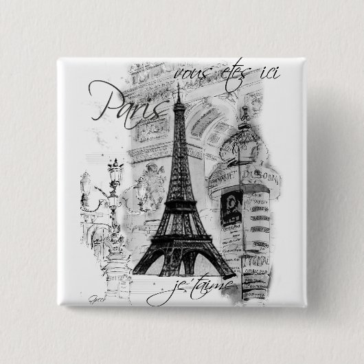 Paris Eiffelturm Französische Szene Collage Button (Vorderseite)