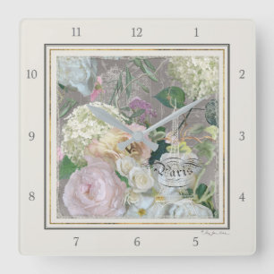 Paris Eiffelturm Französischer Markt Floral Vintag Quadratische Wanduhr