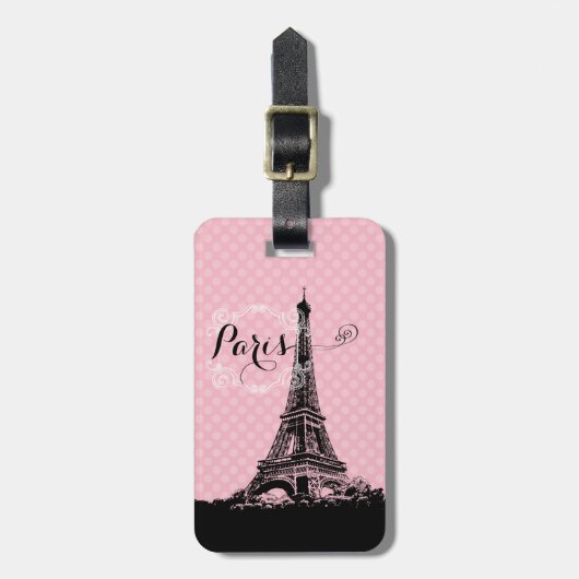 Paris-Eiffelturm-Girly rosa Tupfen Gepäckanhänger (Vorderseite vertikal)