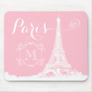 Paris Eiffelturm Girly Rosa Weiß Monogramm Mousepad