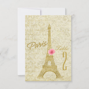 Paris Eiffelturm Gold & Rosa Tischnummernkarte Einladung