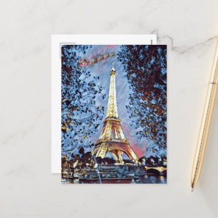 Paris Eiffelturm Impressionist Blau Weihnachtsmann Feiertagspostkarte