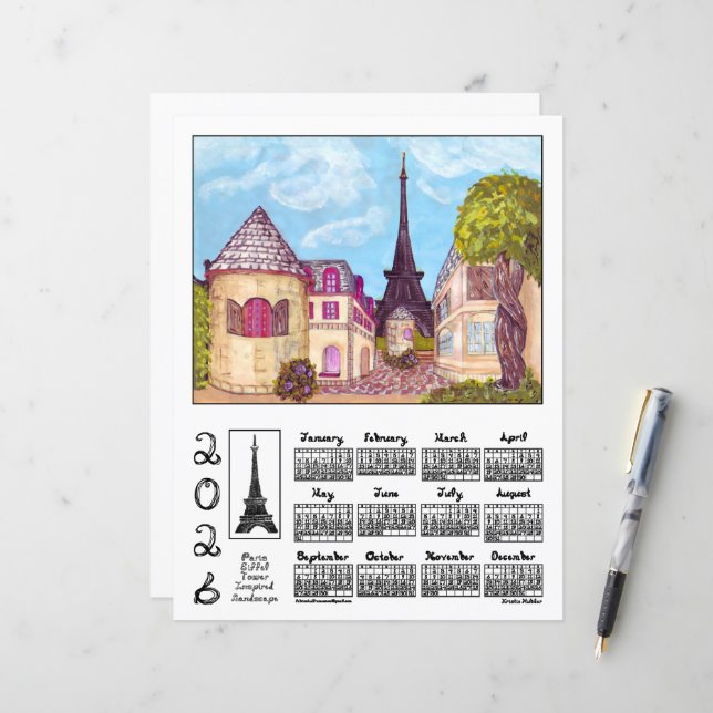 Paris Eiffelturm Landschaft 2026 Kalender Papier (Vorderseite/Rückseite Beispiel)