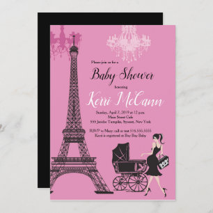 Paris-Eiffelturm-Mädchen-rosa Babyparty Einladung
