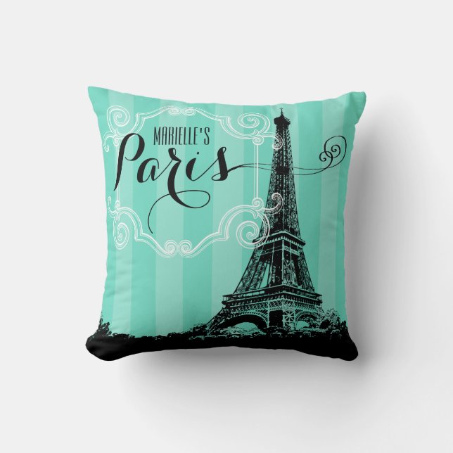 Paris-Eiffelturm-Monogramm Seafoam grüne Streifen Kissen (Vorderseite)