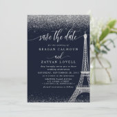Paris Eiffelturm Navy Silber Save The Date Karte (Stehend Vorderseite)