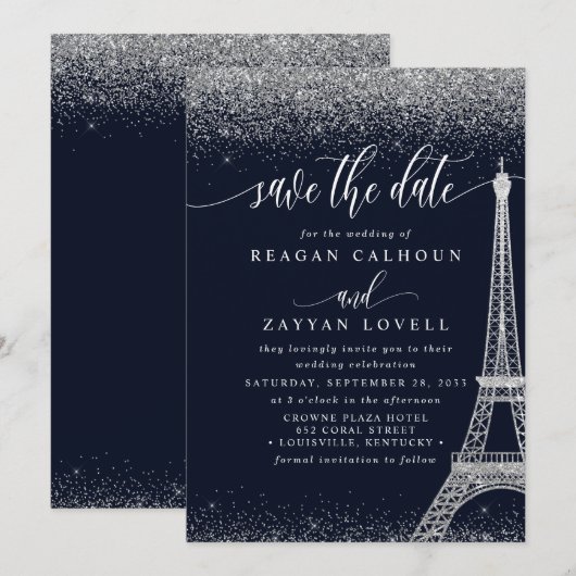Paris Eiffelturm Navy Silber Save The Date Karte (Vorne/Hinten)