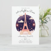 Paris Eiffelturm Night Pink Hearts Niedlich Sweet Einladung (Stehend Vorderseite)